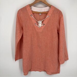 Nautica Shirt Womens Medium Linen Coral Strappy Neck 3/4 Sleeve Lattice Neck NEW